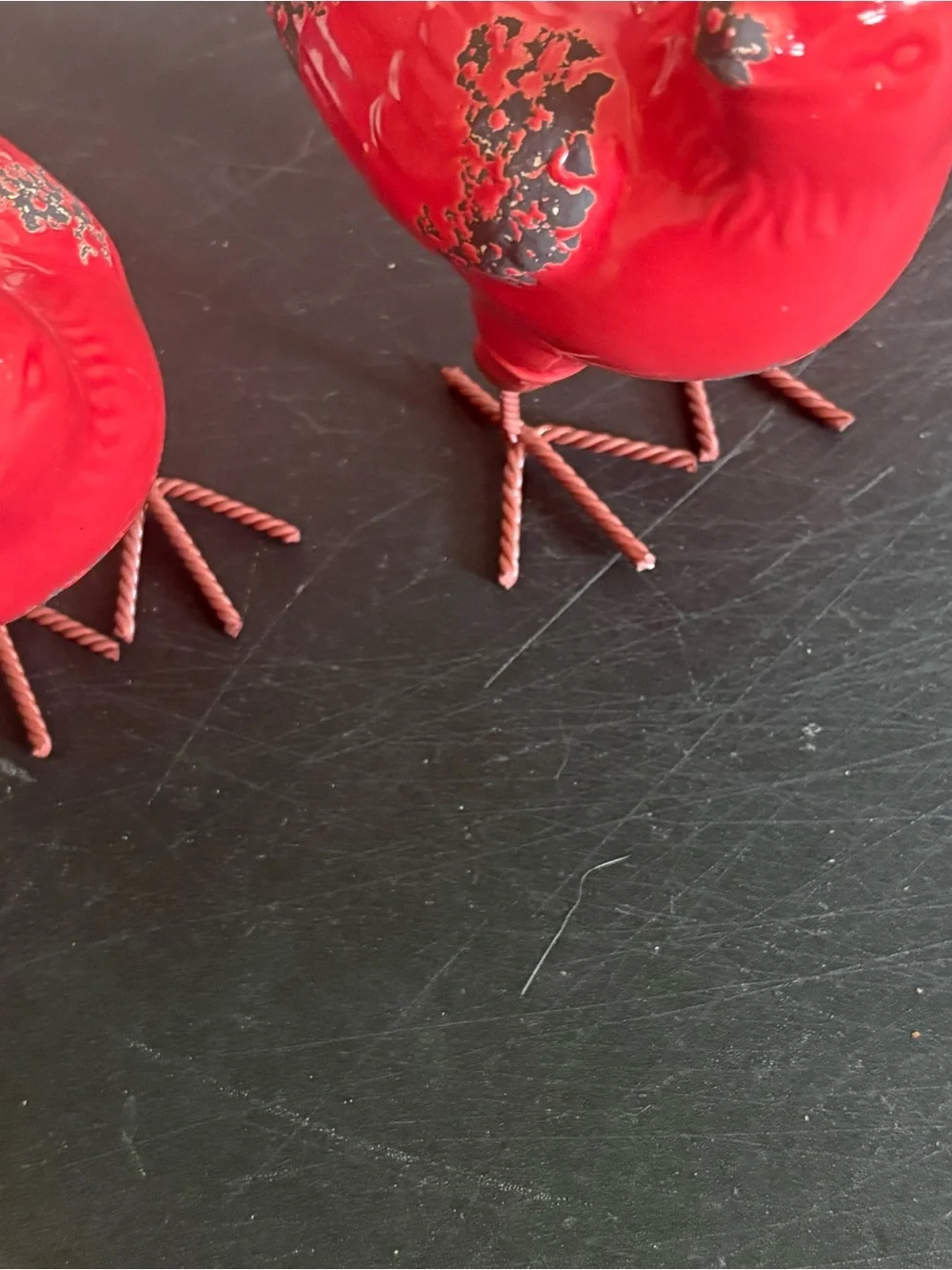 Distressed ceramic red/black bird figurines wire feet pair rustic farmhouse